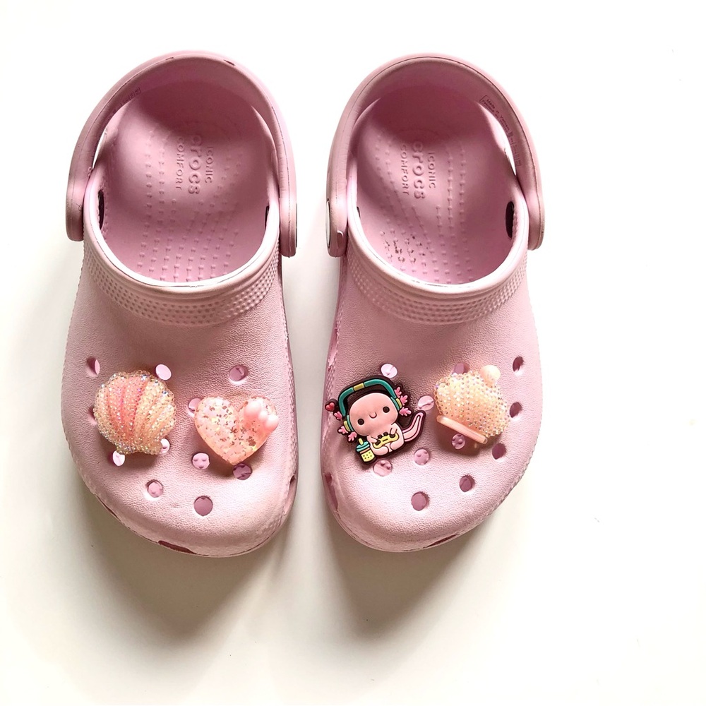 CROCS Kids Toddler Girl Pink Clogs Shoes Sandals w/Charms Sz 9C Slip On